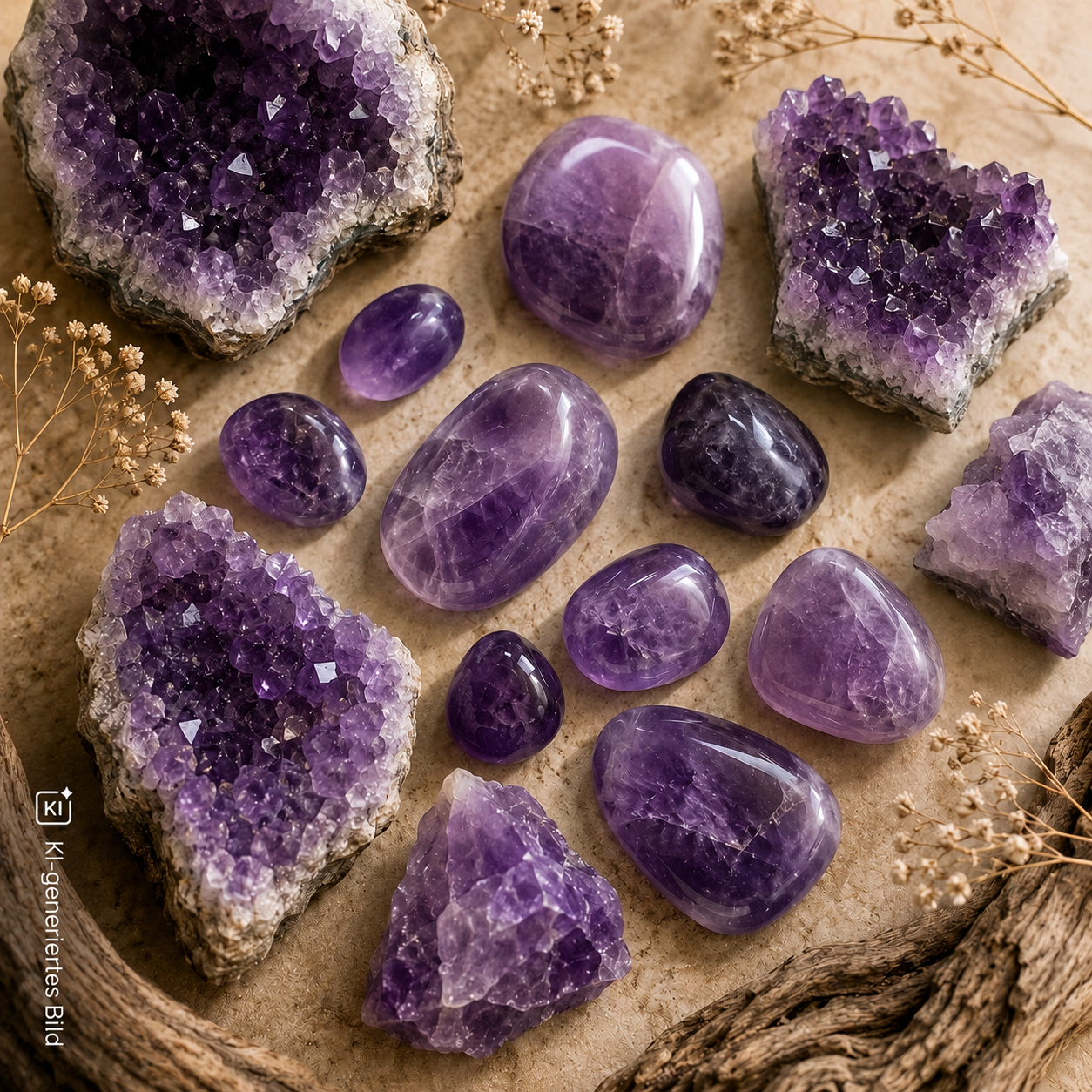 Verschiedene Amethyste – von polierten Trommelsteinen bis zu funkelnden Drusen – liegen dekorativ auf einem natürlichen Hintergrund und zeigen die violette Farbvielfalt dieses Edelsteins. KI generiert