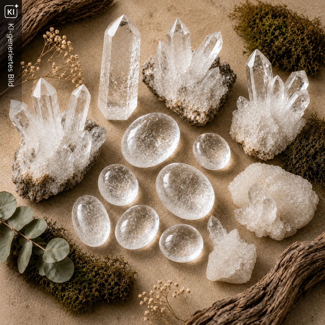 Verschiedene Bergkristalle – von klaren Trommelsteinen bis zu natürlichen Kristallgruppen – sind dekorativ auf einem naturinspirierten Hintergrund mit Holz und Moos arrangiert und zeigen die transparente Schönheit des Minerals.