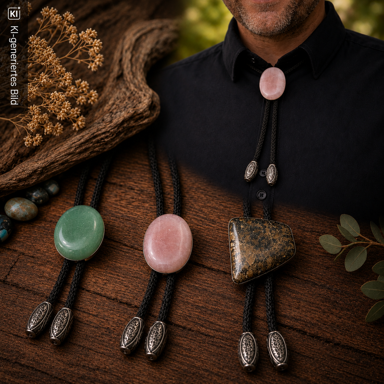Mann mit Rosenquarz-Cowboykrawatte sowie mehrere Stein-Bolo-Ties dekorativ auf rustikalem Holz präsentiert.