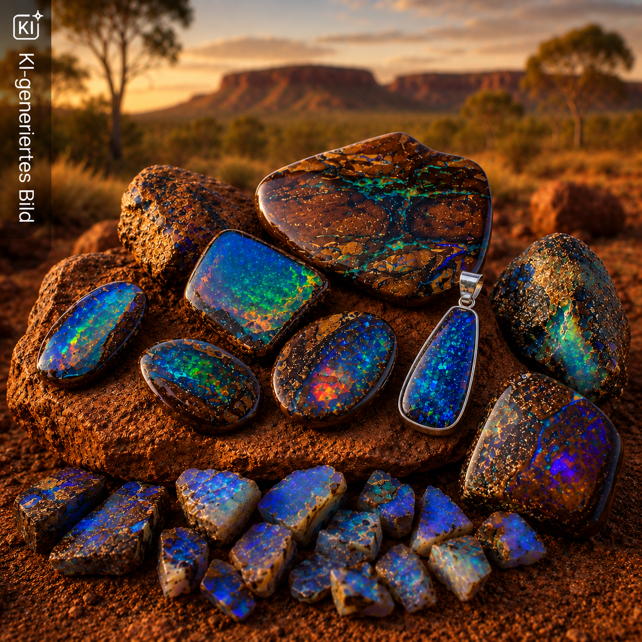 Rohe und geschliffene Boulderopale in  der australischen Landschaft. KI generiert