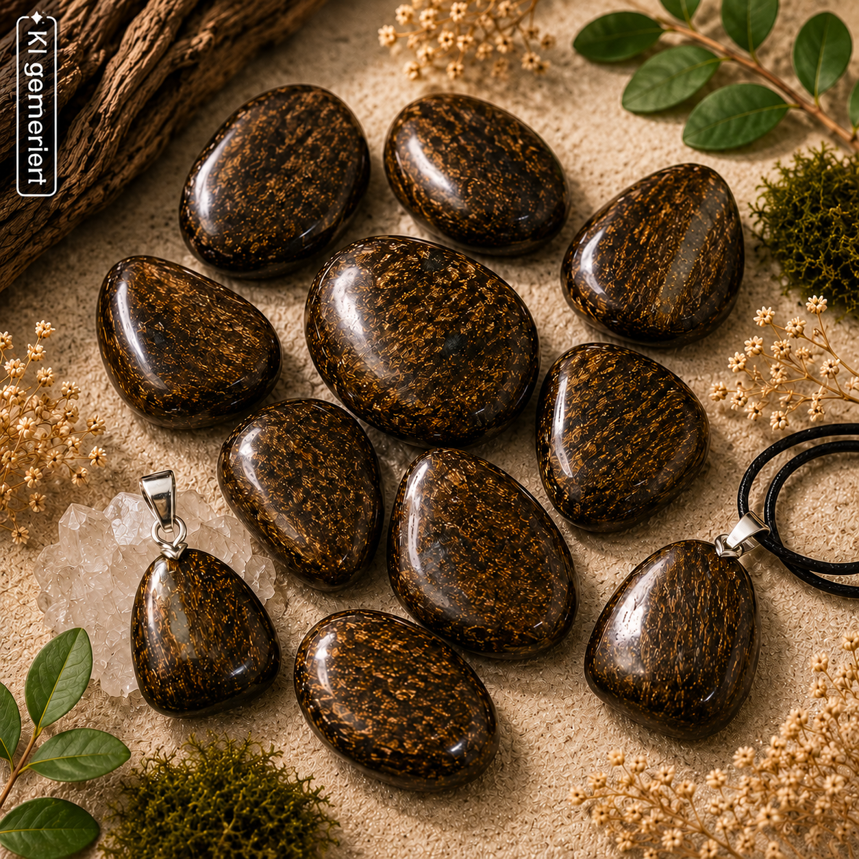 Mehrere glänzend polierte Bronzit-Steine und zwei Bronzit-Anhänger in warmen Braun- und Goldtönen liegen dekorativ auf hellem Naturgrund, umgeben von Holz, Moos und zarten Pflanzen.