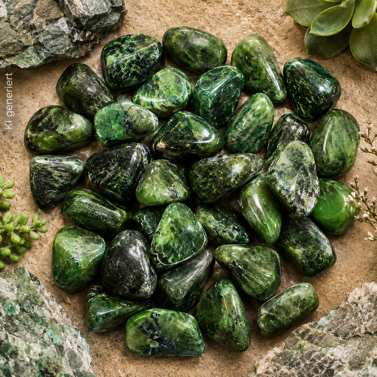 Mehrere Chromdiopsid Trommelsteine umrandet von 3 Rohsteinen