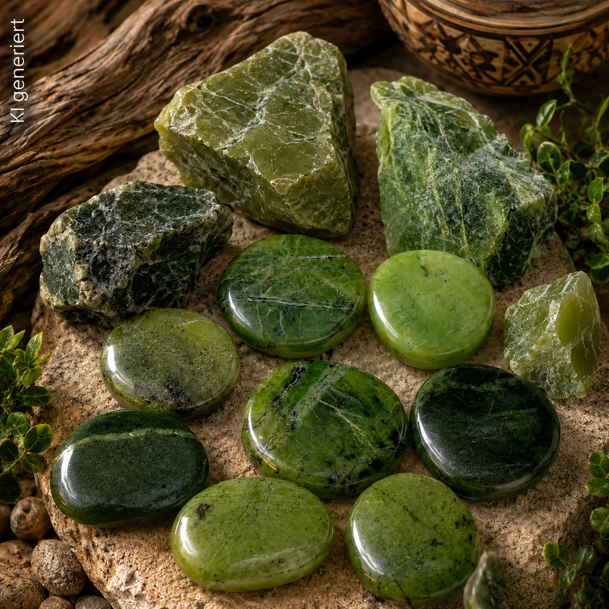 Mehrere grüne Nephrit-Jade-Steine, teils poliert und teils roh, sind auf einer Natursteinplatte in einer warmen, natürlichen Umgebung arrangiert