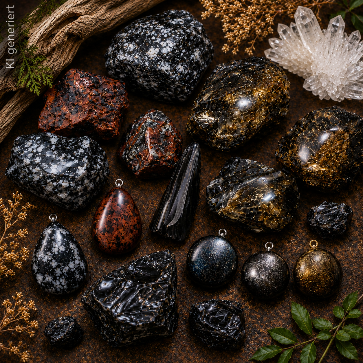 Eine dekorative Sammlung dunkler, glänzender Obsidiane und Anhänger liegt zusammen mit Rohsteinen und Kristallen auf einem rustikalen, braunen Naturhintergrund.