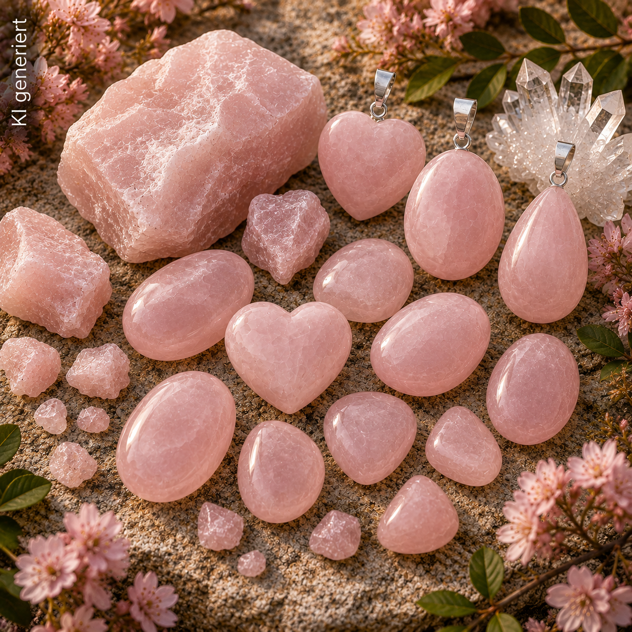 Rosenquarz in verschiedenen Formen – Rohstein, Trommelsteine und Anhänger – dekorativ auf einer Steinfläche mit rosa Blüten im Hintergrund arrangiert.