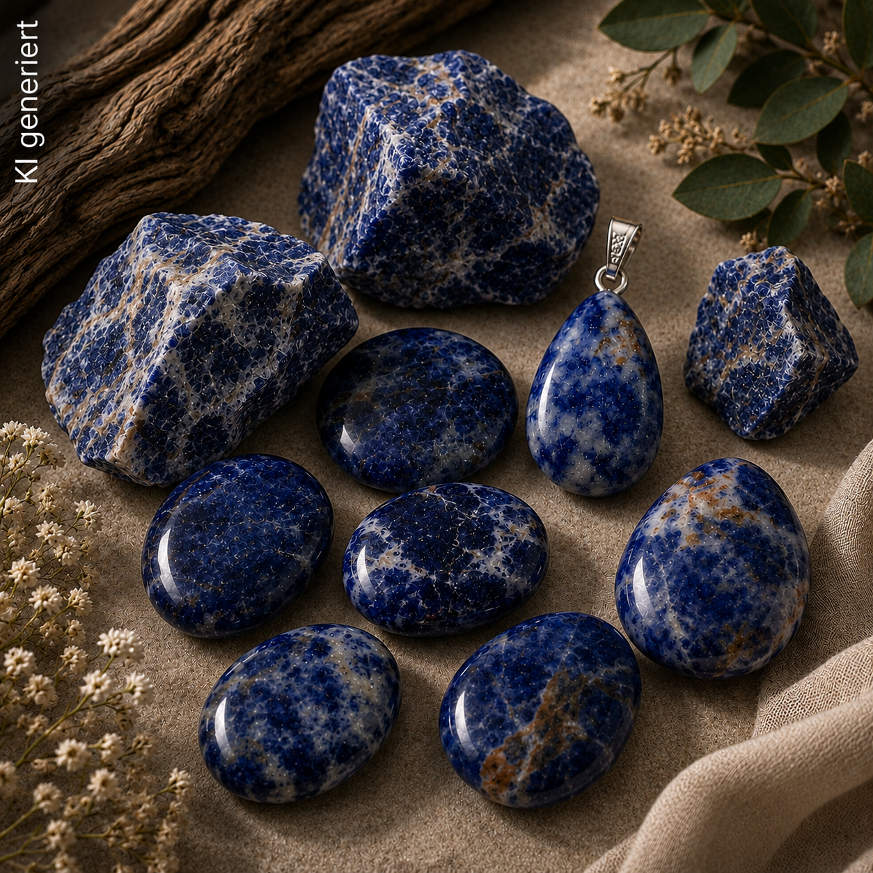 Mehrere blaue und weiß gemusterte Sodalith-Steine sowie ein Anhänger liegen dekorativ zwischen Rohsteinen, Holz, Blättern und kleinen weißen Blüten auf hellem Stoff.