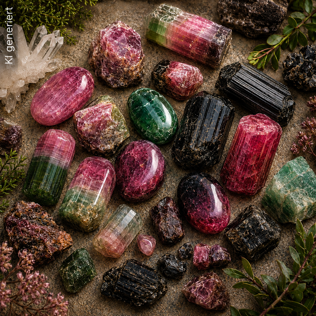 Eine Sammlung pinker, grüner und schwarzer Turmalinsteine – teils roh, teils poliert – liegt dekorativ auf einem naturfarbenen Steinuntergrund mit Pflanzen und Kristallen.