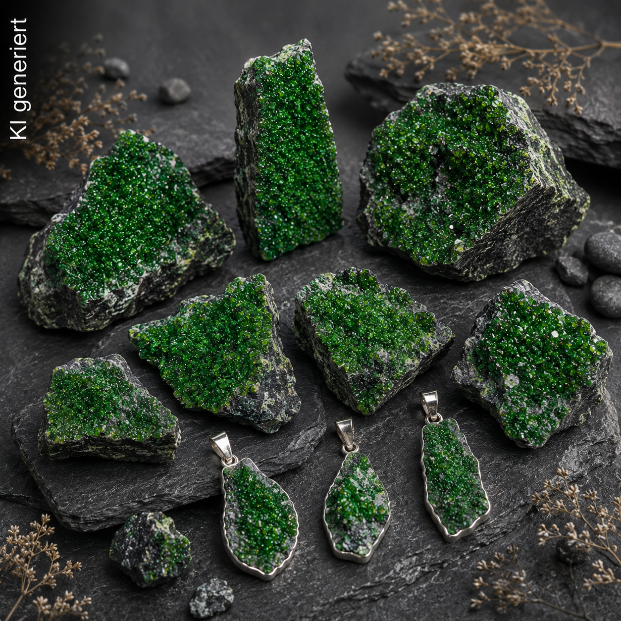 7 größere leuchtend grüne Uwarovite, kleine grüne Kristallrasen auf grauem Muttergestein, im Vordergrund 3 Stück als Anhänger mit Silberöse