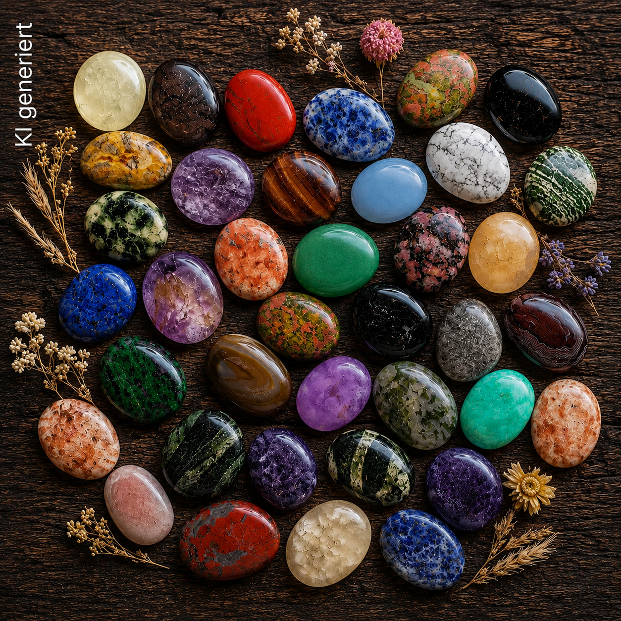 Verschiedene Scheibensteine u.a. Jaspis, Silberauge, Schörl, Amethyst, Zoisit