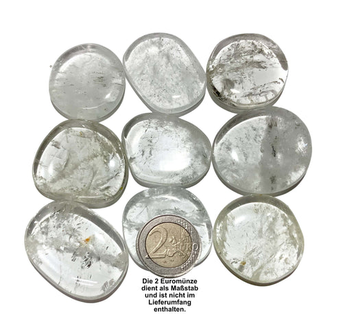 Sammelbild von 9 Bergkristall Scheibensteinen mit einer 2Euro Münze als Größenvergleich