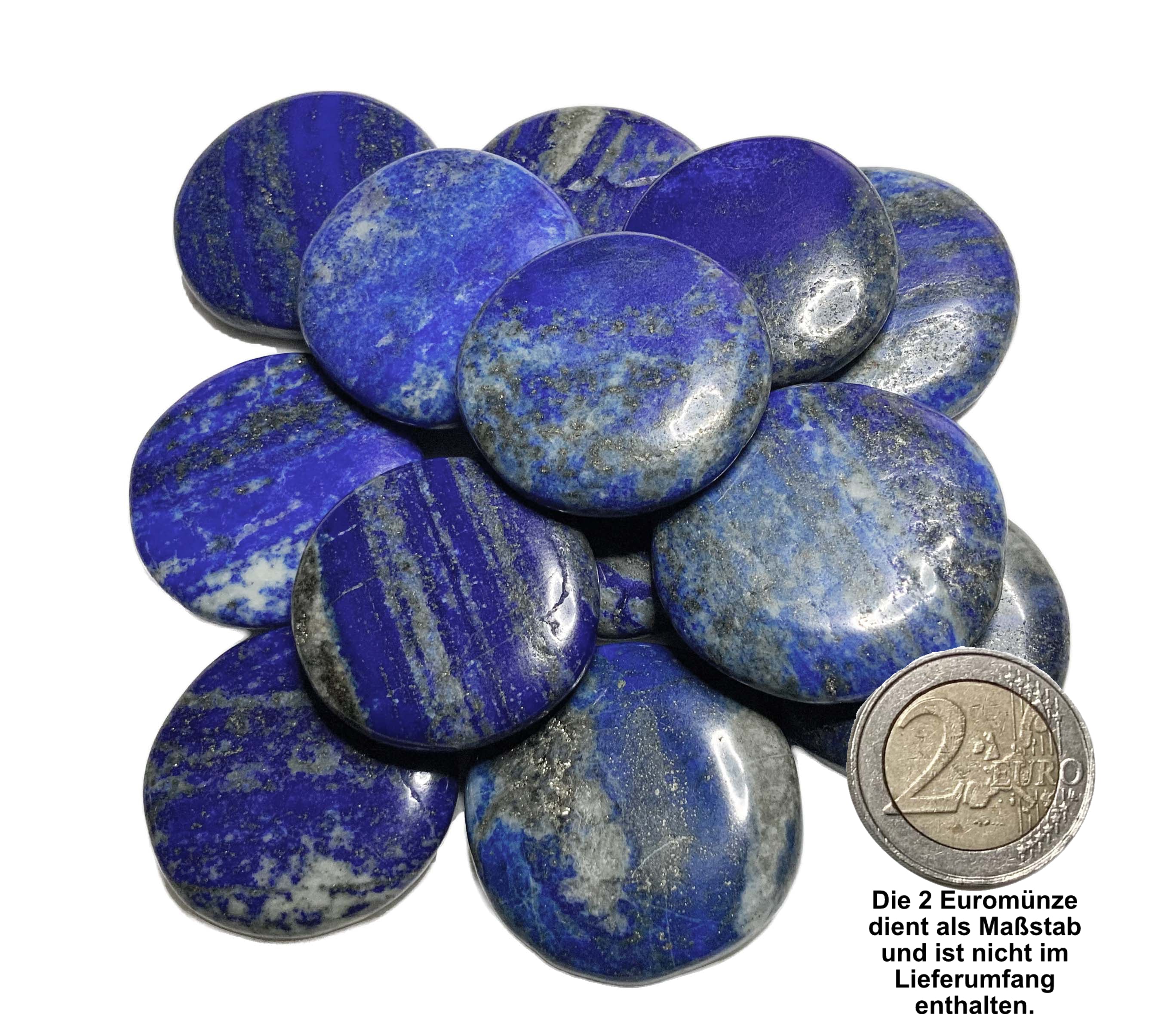 Sammelbild von Lapislazuli Scheibensteinen mit einer 2 EORO Münze als Größenvergleich