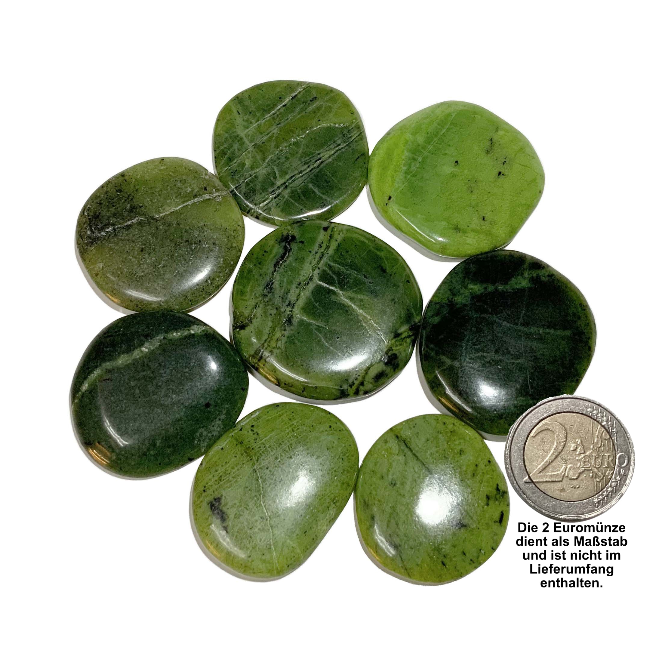 Sammelbild von Nephrit Jade Scheibensteinen mit einer 2EORO Münze als Größenvergleich