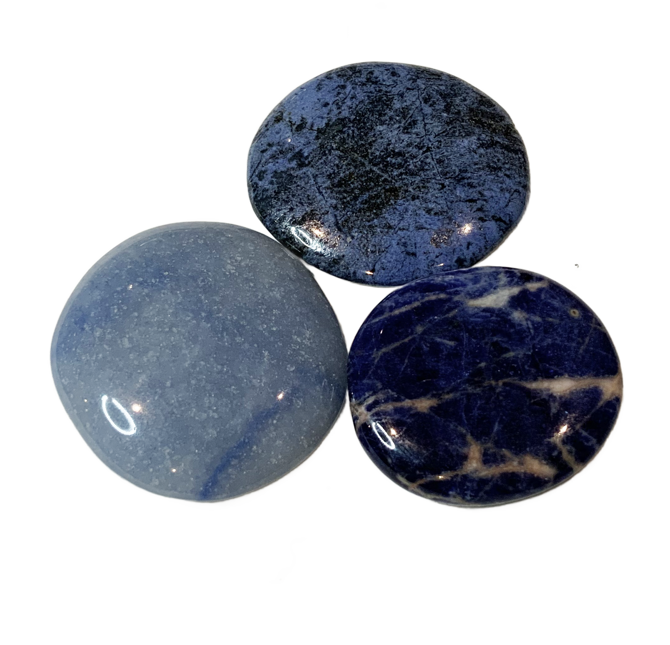 3 blaue Scheibensteine: Blauquarz, Sodalith, Dumortierit