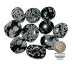 Sammelbild von Schneeflockenobsidian Scheibensteinen mit einer 2EORO Münze als Größenvergleich