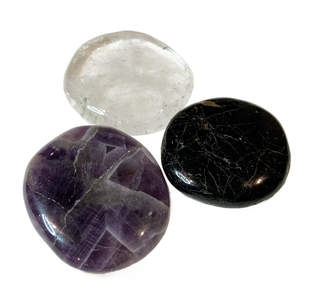3 Scheibensteine: Bergkristall, Amethyst und Schörl