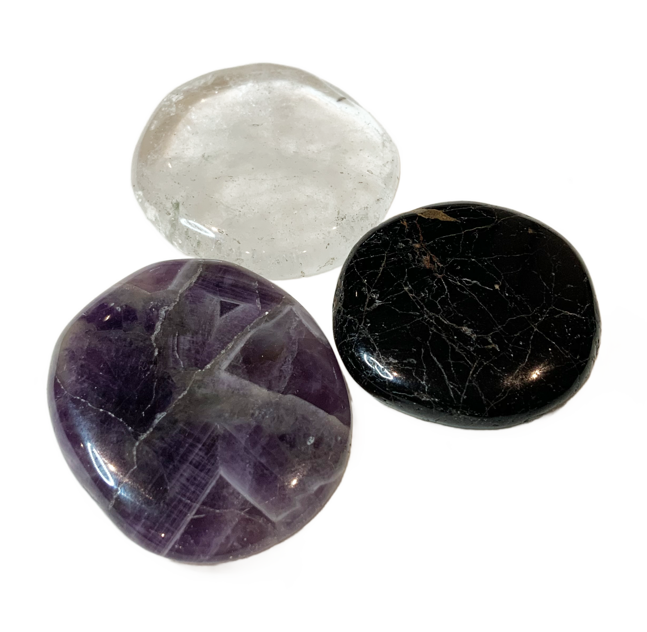 3 Scheibensteine: Bergkristall, Amethyst und Schörl