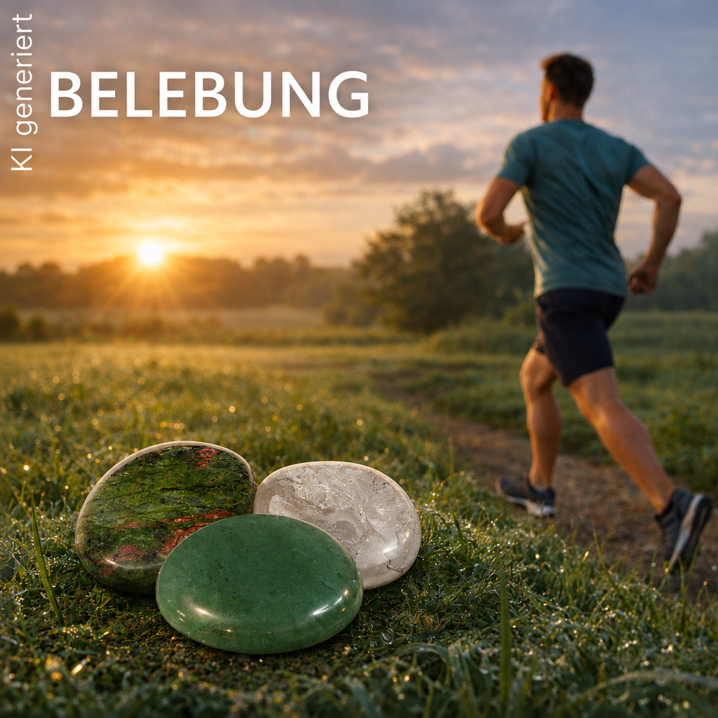Im Vordergrund die Scheibensteine Bergkristall, Epidot Unkait und Aventurin. Etwas im Hintergrund und verschwommen ein Joggender Mann von hinten in der untergenenden Abendsonne in der freien Natur
