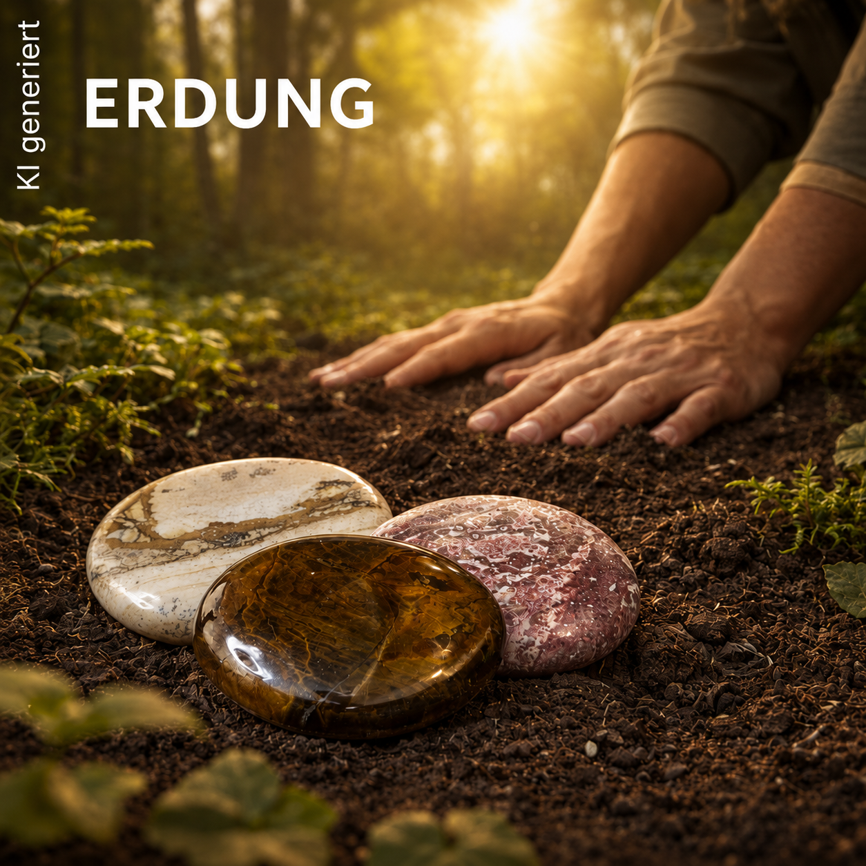 Im Vordergrund liegen 3 Scheibensteine zum Thema "Erdung" auf Waldboden: Leopardenjaspis, Landschaftsjaspis und versteinertes Holz. Die Hände eines Mannes liegen hinter den Steinen auf dem Erdboden. Im Hintergrund Wald mit heller Sonne.