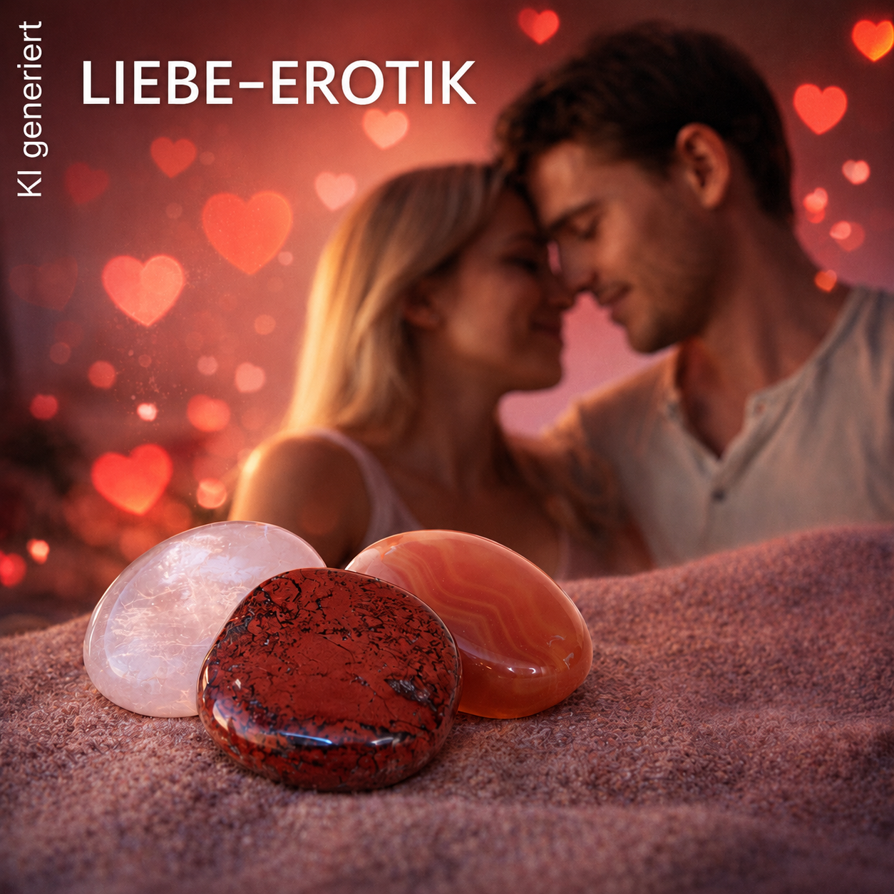 Thema "Liebe-Erotik": Im Vordergrund sind 3 Scheibensteine: Roter Jaspis, Karneol und Rosenquarz auf einer flauschigen, roten Decke. Im Hintergrund sieht man ein verliebtes Paar, das sich anlächelt und tief in die Augen schaut, umgeben von einem roten Hintergrund mit fliegenden Herzen