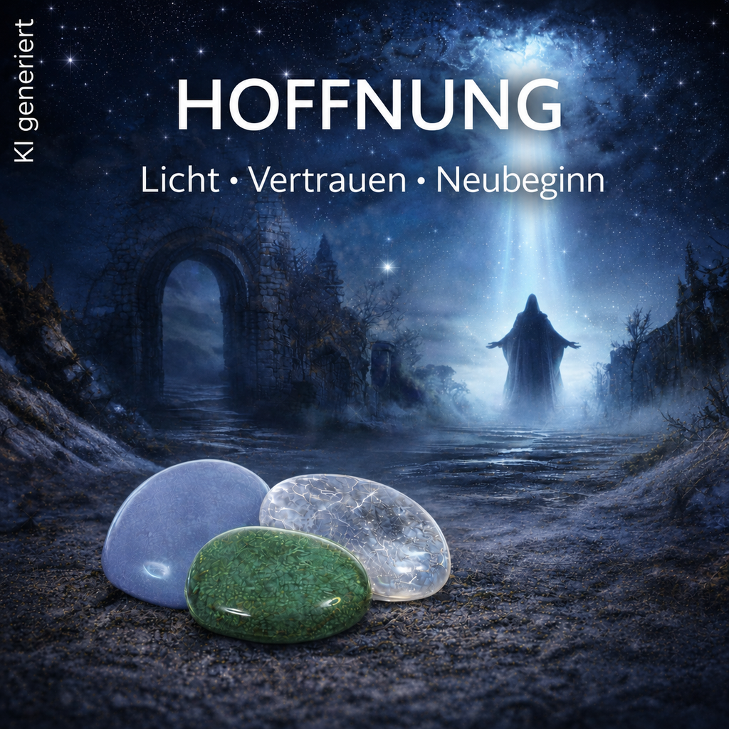 Mystische Gestalt in Sternenregen bewegt sich auf die Edelsteine Budstone, Bergkristall und Angelit zu, Text "Hoffnung, Licht, Vertrauen, Neubeginn"