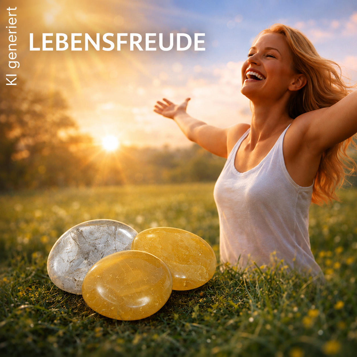 Im Vordergrund 3 Scheibensteine Bergkristall, Orangencalcit und gelber Fluorit auf einer Wiese mit großem Schriftzug "Lebensfreude". Dahinter eine lachende, junge Frau mit weißem Träger T-Shirt, offene blonde Haare mit ausgebreiteten Armen im Sommer und leizender Sonne