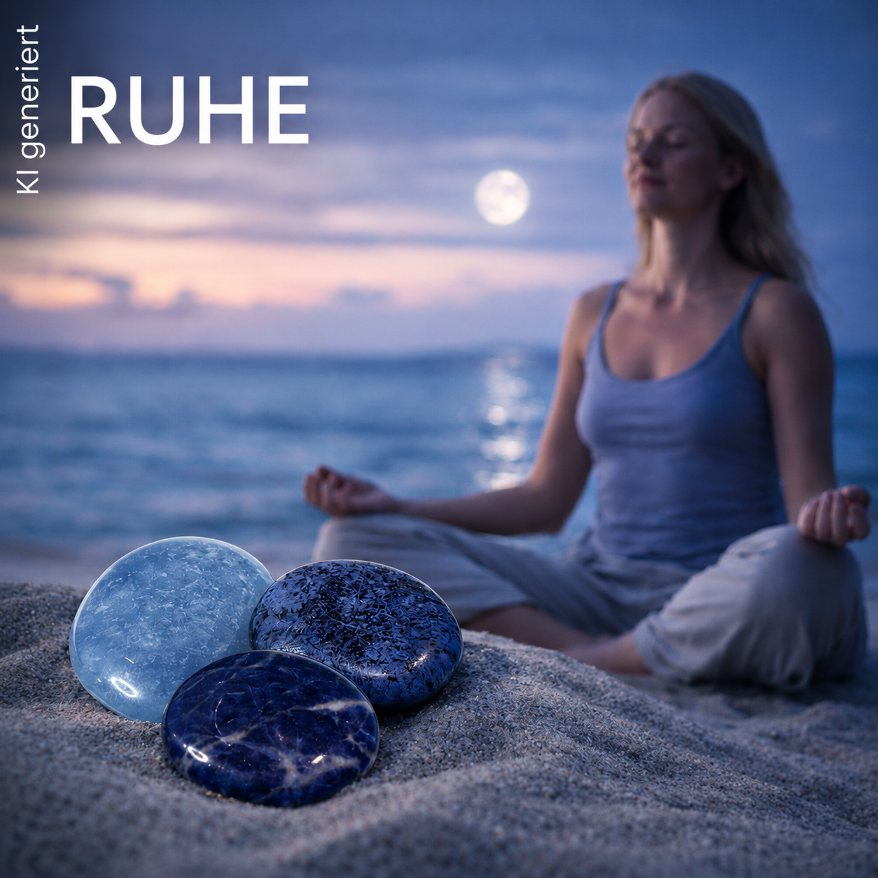 Das Bild zeigt eine meditative Abendstimmung am Meer. Eine Frau sitzt entspannt im Schneidersitz am Strand, die Augen geschlossen. Im Vordergrund liegen drei Scheibensteine im Sand: Sodalith, Dumortierit, Blauquarz. Mondlicht spiegelt sich auf dem Wasser, während Blau- und Lilatöne eine ruhige Atmosphäre schaffen. Der Schriftzug „RUHE“ unterstreichen die friedvolle Wirkung des Motivs.