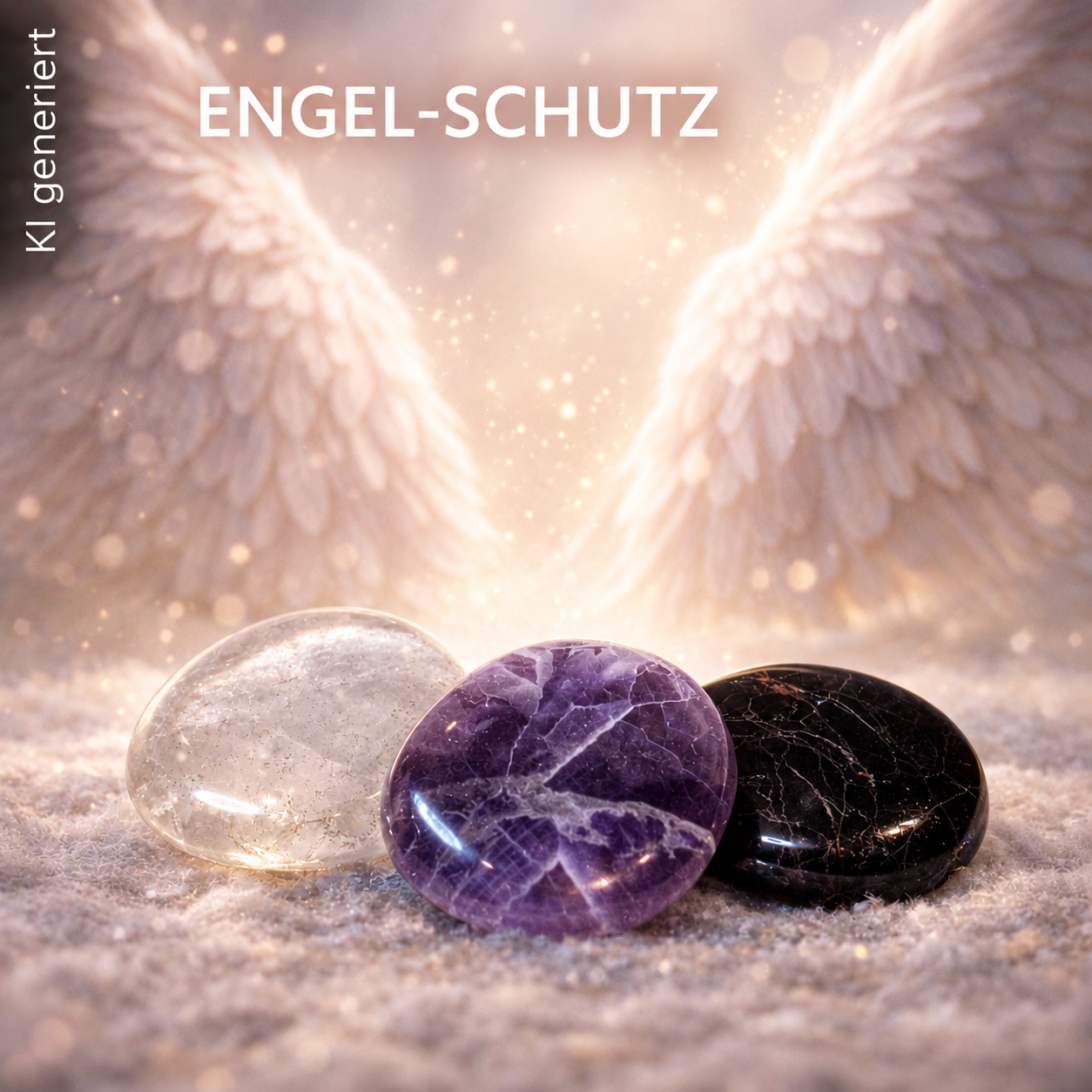 Engel-Schutz-Set mit drei polierten Schutzsteinen auf weichem, glitzerndem Untergrund: links ein violetter Amethyst, in der Mitte ein transparenter Bergkristall und rechts ein schwarzer Schörl. Im Hintergrund leuchten große, helle Engelsflügel in warmem Licht und schaffen eine ruhige, schützende Atmosphäre.