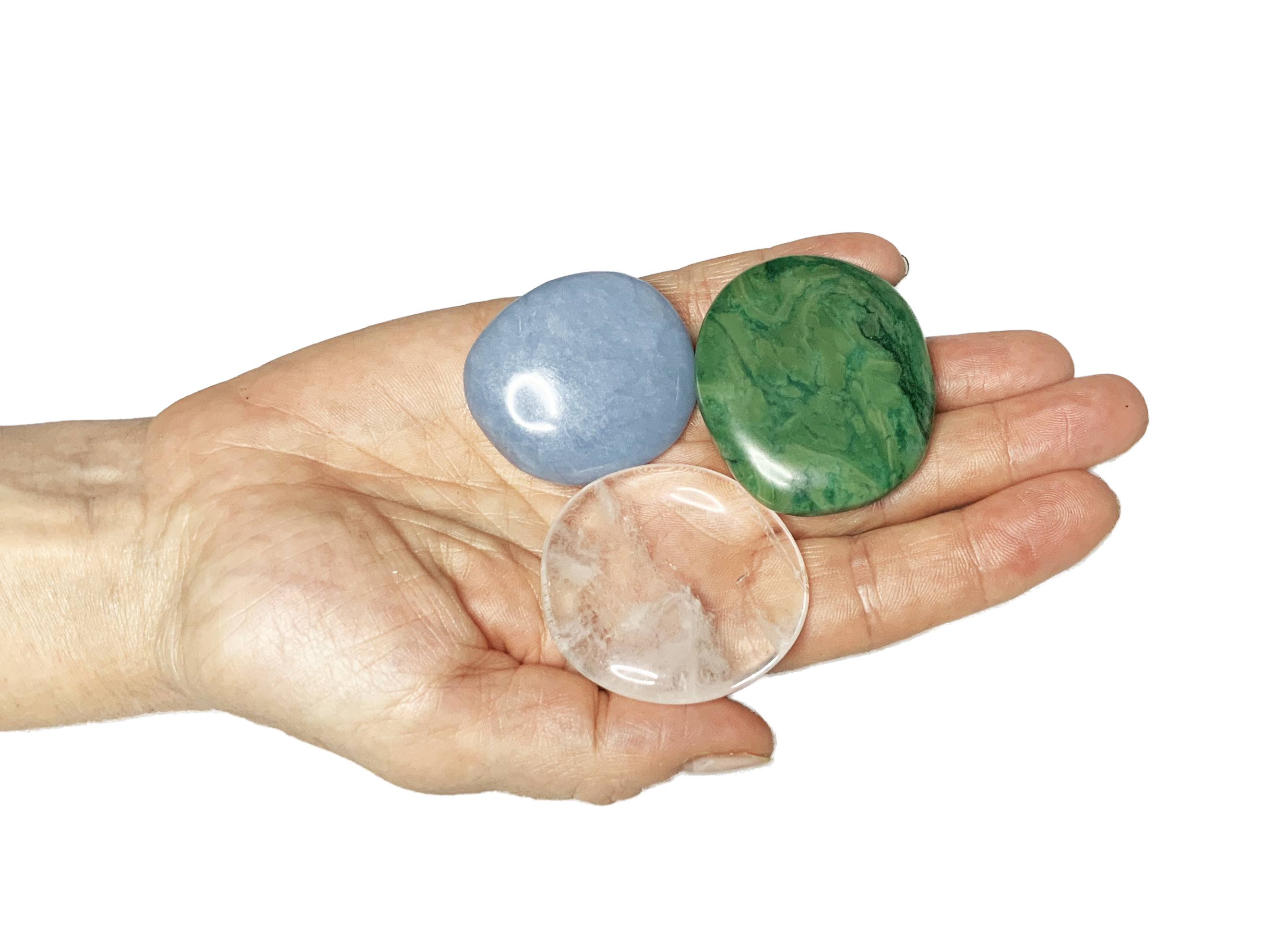 Die Scheibensteine Budstone, Angelit und Bergkristall auf einer Hand liegend