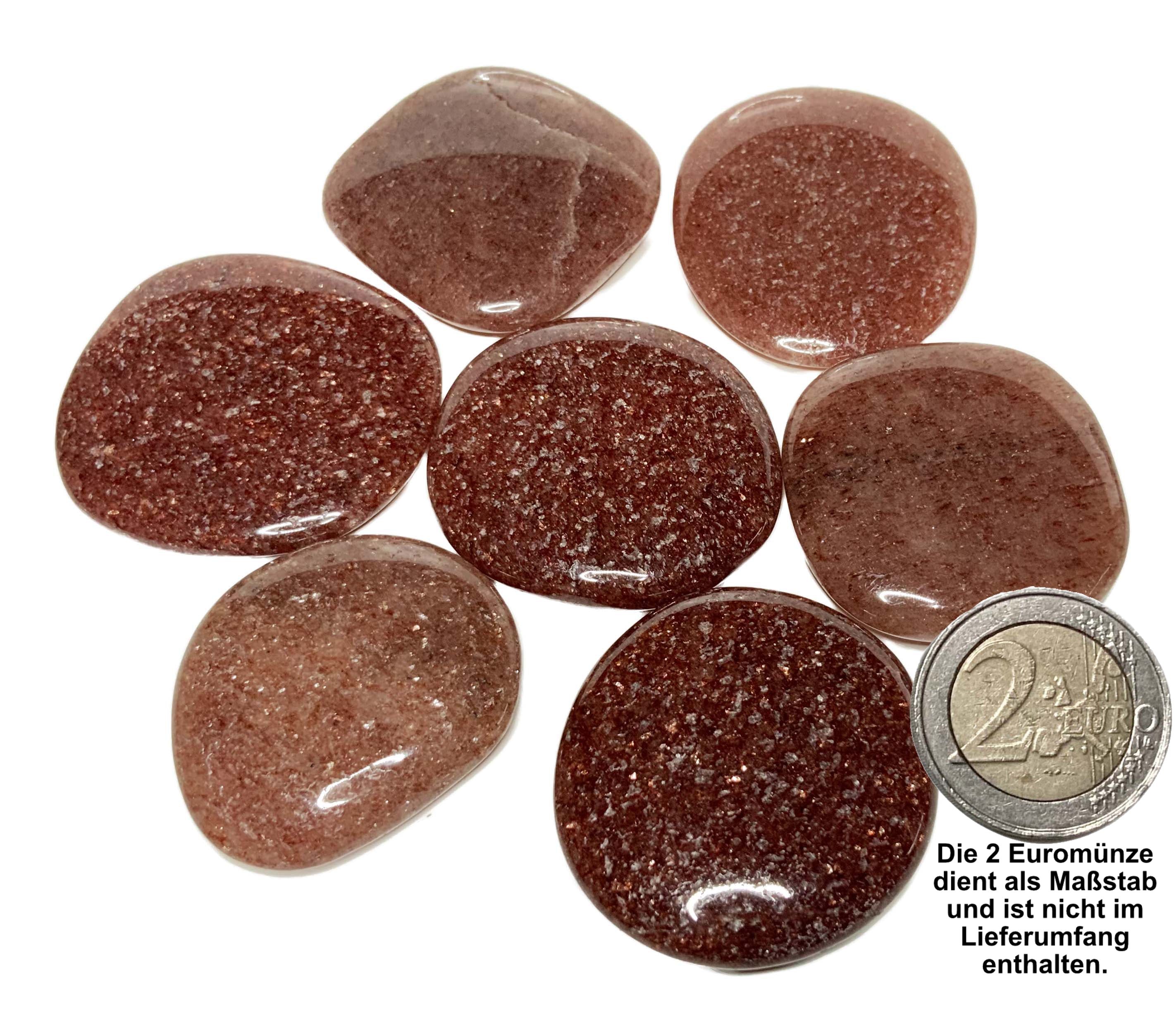 Sammelbild von 7 Aventurin rot Scheibensteinen mit einer 2EORO Münze als Größenvergleich